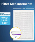 MERV 12 Pleated Air Filter 20x25x1 With Electrostatic Media, MPR 1500, dimensions shown with actual size 19.719 x 24.688 x 0.78 in