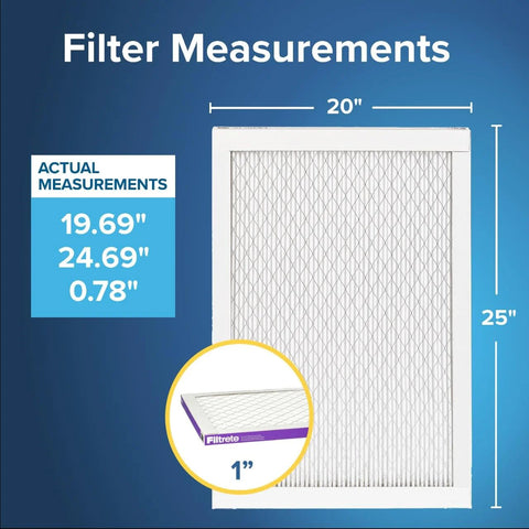 MERV 12 Pleated Air Filter 20x25x1 With Electrostatic Media, MPR 1500, dimensions shown with actual size 19.719 x 24.688 x 0.78 in