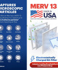 Experience cleaner air with a 6-pack of 20x20x1 MERV 13 electrostatic pleated filters visualizing captured particles and USA origin.