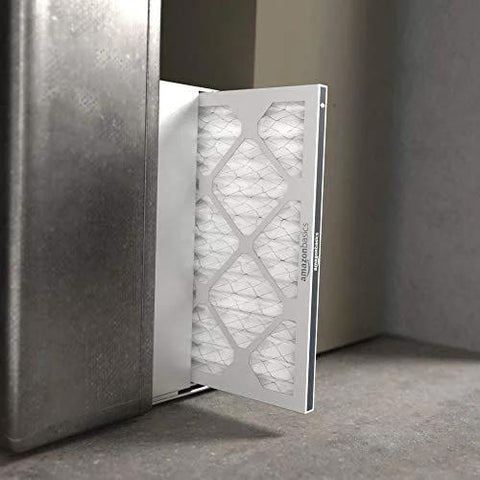 Six pack MERV 8 furnace air filters fit standard 16x20x1 slots, trapping dust, pollen and lint to improve indoor air quality; installed view