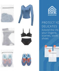 Three Pack Durable Honeycomb Mesh Laundry Bags For Delicates 12 By 16 Inches With Auto Lock Zippers Heavy Duty Construction Protect Lingerie And Delicate Fabrics In Machine Wash And Dry Ensuring Even Drying And Prolonged Garment Care. Illustrated use for clothing.