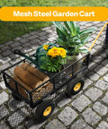 Heavy Duty Mesh Steel Garden Cart with 880 lb capacity folding utility wagon carrying logs and plants on cobblestone path.