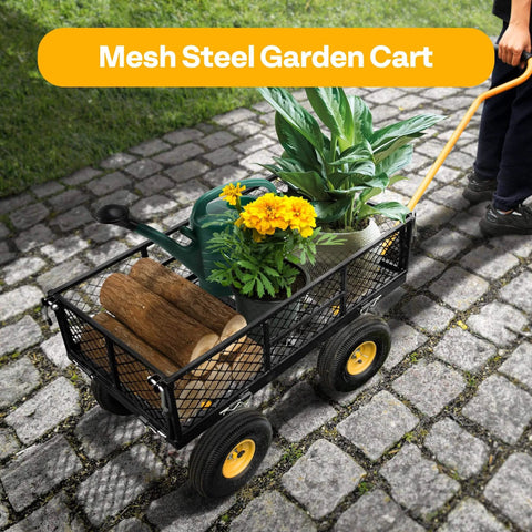 Heavy Duty Mesh Steel Garden Cart with 880 lb capacity folding utility wagon carrying logs and plants on cobblestone path.