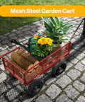 Heavy Duty Mesh Steel Garden Cart Folding Utility Wagon with 880 Lb Capacity carrying potted plants and logs on a stone path.