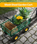Heavy Duty Mesh Steel Garden Cart Folding Utility Wagon with 880 Lb Capacity carrying plants and logs on cobblestone path.