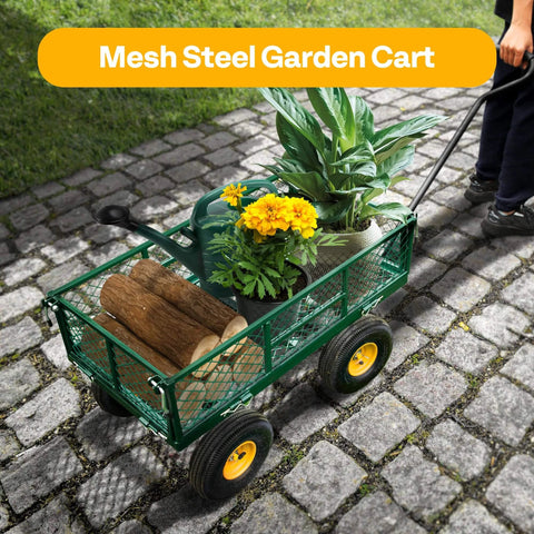 Heavy Duty Mesh Steel Garden Cart Folding Utility Wagon with 880 Lb Capacity carrying plants and logs on cobblestone path.