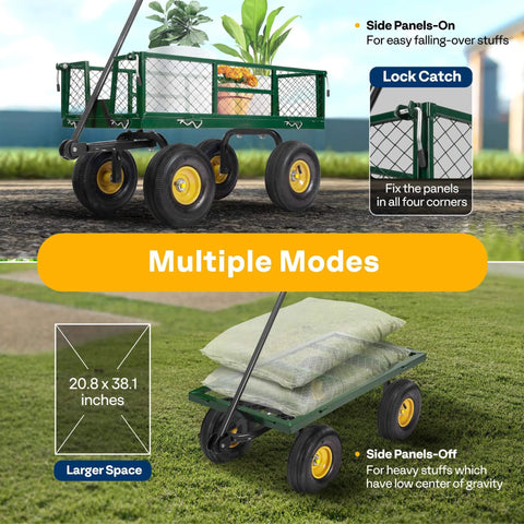 Heavy Duty Mesh Steel Garden Cart Folding Utility Wagon with 880 Lb Capacity, showing side panels on and off, dimensions 20.8 x 38.1 inches.