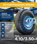 Close-up of 10-Inch Pneumatic Wheels on Heavy Duty Mesh Steel Garden Cart Folding Utility Wagon with 880 Lb Capacity, Blue.