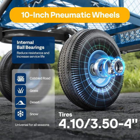Close-up of 10-Inch Pneumatic Wheels on Heavy Duty Mesh Steel Garden Cart Folding Utility Wagon with 880 Lb Capacity, Blue.