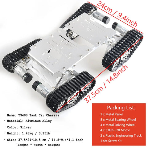 Large Metal 4WD Shock Absorption Robot Tank Chassis Kit Compatible With Arduino Raspberry Pi MicroBit, showing chassis structure