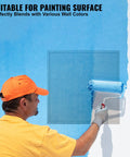 Person painting blue wall with a roller near a metal access panel