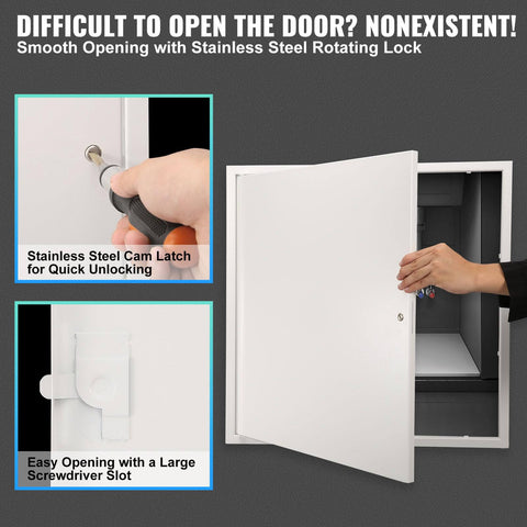 Durable 24 x 24 inch metal access panel for drywall ceilings with cam latch lock and hinged removable door, shown being opened.