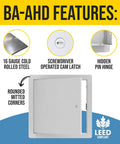 BA-AHD 6x6 Metal Access Panel With Concealed Pin Hinge 16 Gauge Steel Non Rated Drywall Ceilings White LEED Compliant features