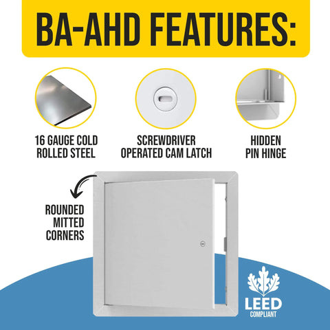 BA-AHD 6x6 Metal Access Panel With Concealed Pin Hinge 16 Gauge Steel Non Rated Drywall Ceilings White LEED Compliant features