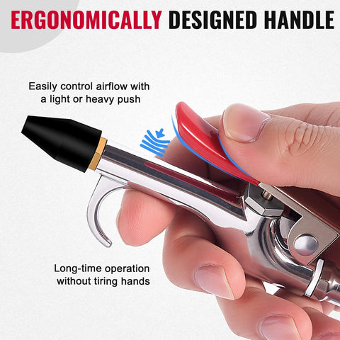 Powerful all metal air blow gun kit delivers efficient dust and debris removal with ergonomic handle and rubber tip