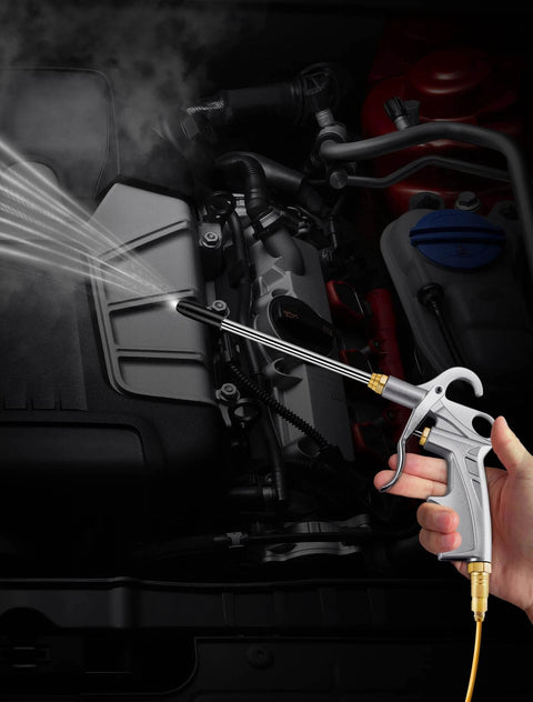 Heavy Duty Air Blow Gun Air Nozzle Blow Gun in use, extended nozzle cleaning car engine, pneumatic air compressor accessory tool