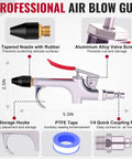 Diagram of a powerful all metal air blow gun kit with a 1/4 inch quick-connect, rubber tip, and high sealability features