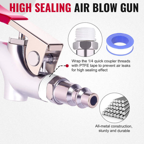 Powerful all metal air blow gun kit delivers efficient dust and debris removal with a 1/4 inch quick-connect, rubber tip