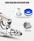 Four piece all metal air blow gun kit delivers powerful dust clearing for workshops, garages, and home shops; rubber tip protects surfaces, 2-way connection, and 1/4 inch quick plug enable fast, versatile nozzle setup for clean, efficient work shown with high sealing details and PTFE tape.