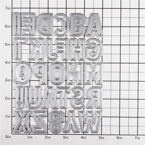 English Alphabet 26 Letter Metal Cutting Dies Set For Card Making And Scrapbooking Embossing Die Cuts on grid background