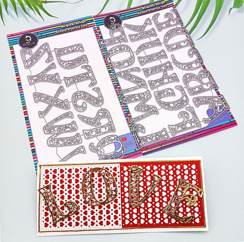 26 Piece Alphabet Letter Metal Cutting Dies For Scrapbooking Card Making And Paper Crafts Dope Die Cuts Vintage 5 cm Height High Quality Steel Die Cut Set From Alinacutle displayed with cutout letters spelling 'LOVE' on a card.