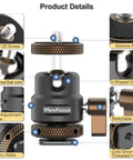 Product details of metal ball head for tripods and mounts with 360 degree swivel and 125 degree tilt, stainless steel construction.