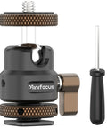 Metal Ball Head For Tripods And Mounts With 360 Degree Swivel And 125 Degree Tilt One Quarter Inch Cold Shoe Adapter Phone Holder Compatible Durable Stainless Steel Construction Silicone Padded Top To Protect Cameras Supports Up To Eleven Pounds image showing elevated stainless steel construction with adjustment tool