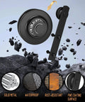 Close-up of wheel part from Double Sliding Barn Door Hardware Kit - 12 FT Black Heavy Duty Steel Rail with floating rocks.