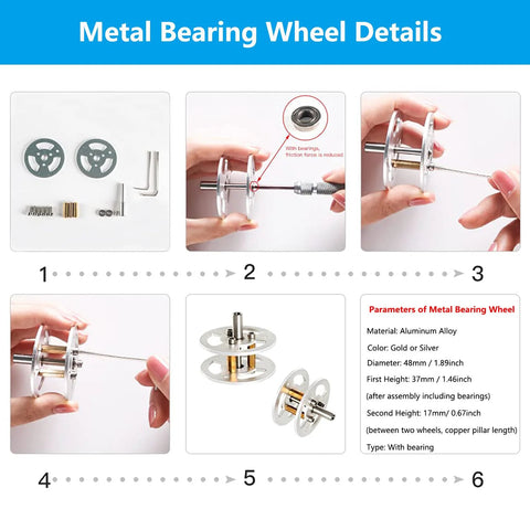 Metal bearing wheel details for Large Metal 4WD Shock Absorption Robot Tank Chassis Kit with assembly steps.