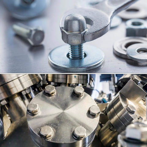 Aluminum Back Up Rivet Washers For 1/4 Inch POP Rivets 310 Pieces shown in use with bolts and machinery components.