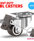 Heavy duty metal caster with brake, showing brake mechanism, suitable for carts and furniture up to 40kg, side view.