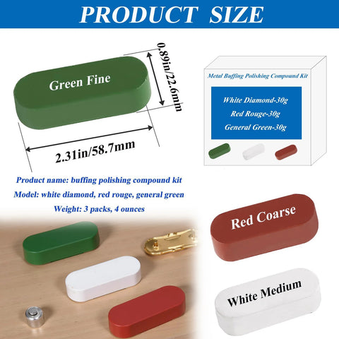 Metal Buffing Polishing Compound Kit 3 Piece For Bright Finishes Includes Green Fine White Medium Red Coarse Compounds