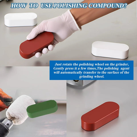Close-up of Metal Buffing Polishing Compound Kit 3 Piece For Bright Finishes Includes Green Fine White Medium Red Coarse Compounds