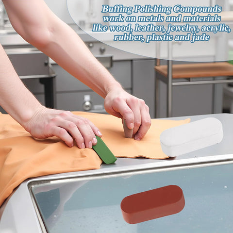 Person using Metal Buffing Polishing Compound Kit 3 Piece For Bright Finishes Includes Green Fine White Medium Red Coarse Compounds on surface