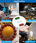 Metal Buffing Polishing Compound Kit 3 Piece For Bright Finishes Includes Green Fine White Medium Red Coarse Compounds For Use With Buffing Wheel On Grinder Or Drill Ideal For Metal Jewelry Auto Parts Hobby Shops And Home Projects shown in use for polishing various items