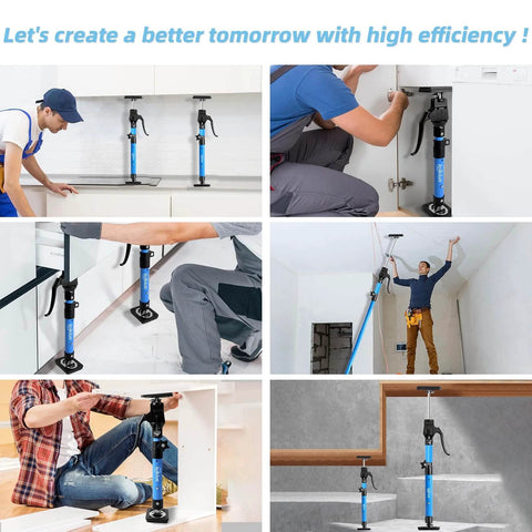 Collage showing 2PK High Quality Metal Cabinet Jacks for Installing Cabinets, 200LB Load 3rd Hand Support System in various setups.