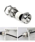 PG11 Metal Cable Gland Waterproof IP68 Five Pack 5 To 10mm Wire Range 18.6mm Thread Outside Diameter 8mm Thread Length Durable Metal Cable Gland With Rubber Seal And Locknut For Rugged Electrical Enclosures shown disassembled and installed in electrical box