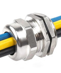 PG11 Metal Cable Gland Waterproof IP68 encasing cables, showing 5 to 10mm range and 18.6mm thread outside diameter, durable metal with rubber seal.