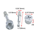 Effortless knockdown furniture assembly with a 10 pack of metal cam lock fittings and dowels, sizes shown for assembly.