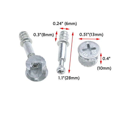 Effortless knockdown furniture assembly with a 10 pack of metal cam lock fittings and dowels, sizes shown for assembly.