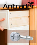 Effortless knockdown furniture assembly with a 10 pack of metal cam lock fittings and dowels shown in cabinet installation