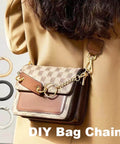 Woman wearing purse with decorative chain, showcasing use for 6 Pcs 3 Inch Large Round Carabiners Clips for bags.