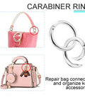 Image showing Ten Pack One Inch Metal Spring O Ring Carabiner Clips Keychains for purses and bags, showcasing both silver rings and installed view.