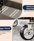 Close-up of Heavy Duty 3 Tier Metal Rolling Cart with Wheels, showing reinforced metal mesh shelves and large silent wheels.