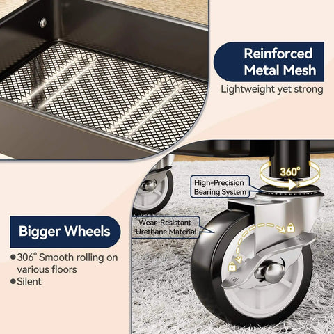 Close-up of Heavy Duty 3 Tier Metal Rolling Cart with Wheels, showing reinforced metal mesh shelves and large silent wheels.