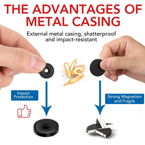 Front view of LOVIMAG cabinet magnets: two neodymium magnets shown, left ring magnet with hole, right solid disk magnet.