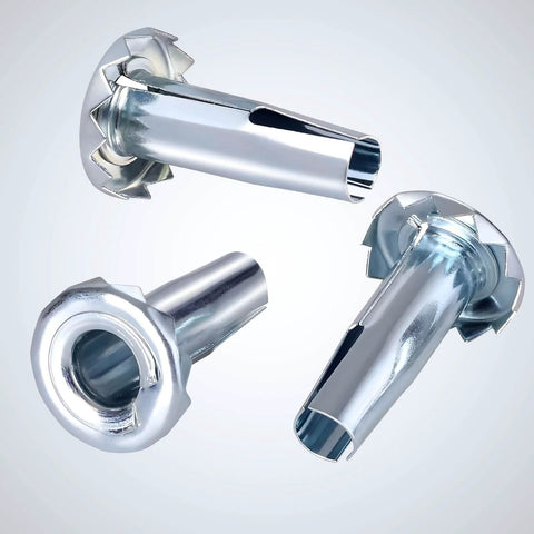 Metal Caster Socket Sleeve Set, 20 Pack Stem Inserts For 5/16 By 1-1/2 Inch Casters, displaying three shiny metal inserts