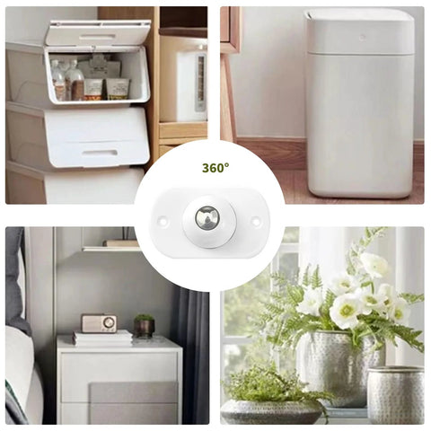 8 Pack Metal Self Adhesive Caster Wheels For Furniture And Small Appliances Mini Sliding Casters shown with household items.
