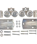 Metal hardware kit with brackets, rollers, and screws for sliding door systems, includes nuts and bolts, laid out on white background