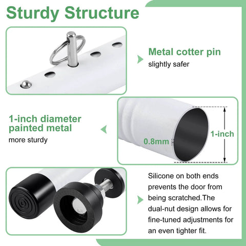 Sliding Door Security Bar, 17-50 inch Adjustable, illustrated with metal cotter pin, 1-inch diameter, silicone tips for window safety
